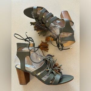 Marc Fisher Olive Green Leather Tassel Boho Sandals